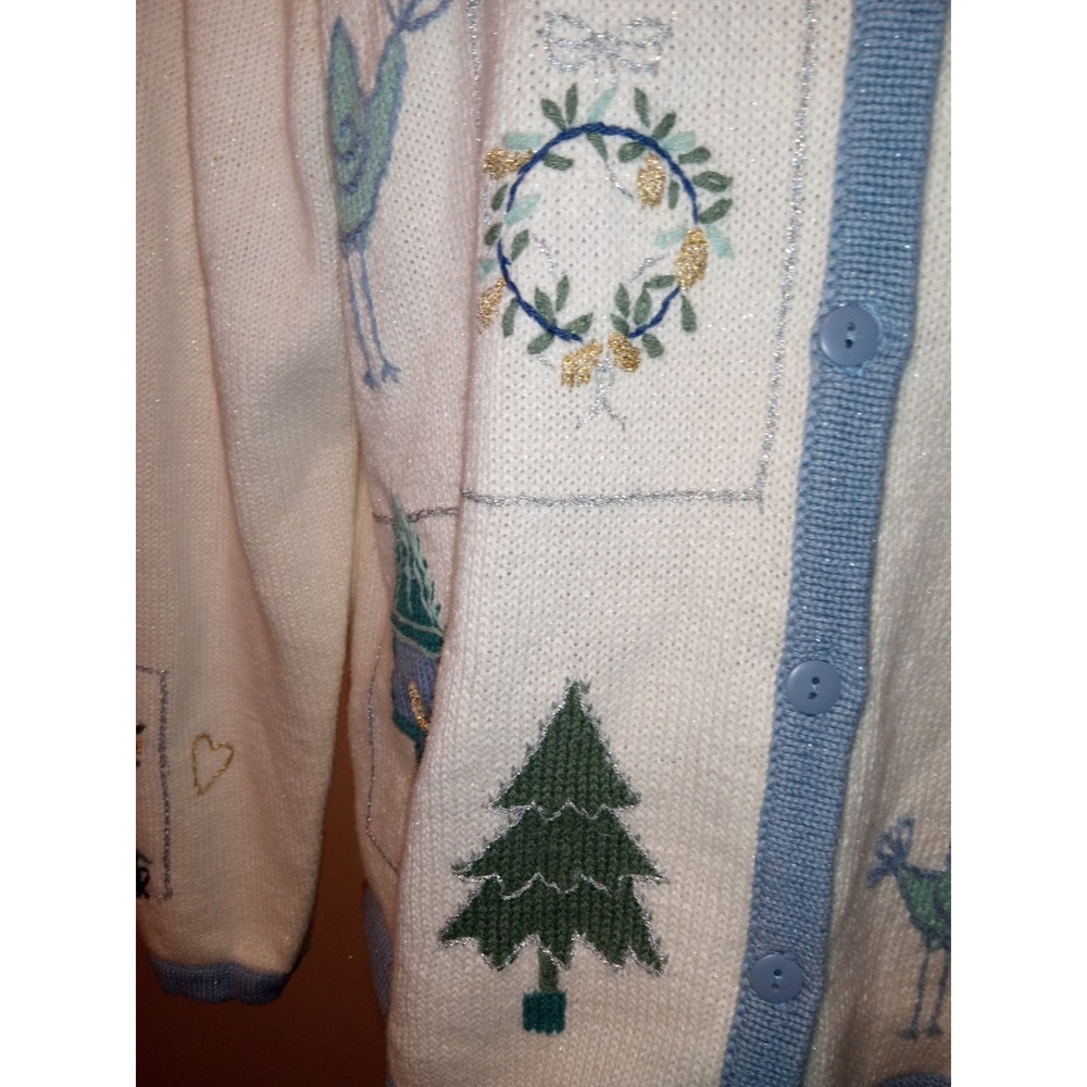 Vintage Winter Wonderland Embroidered Cardigan Sweater Blue Cream Christmas L - Picture 7 of 15
